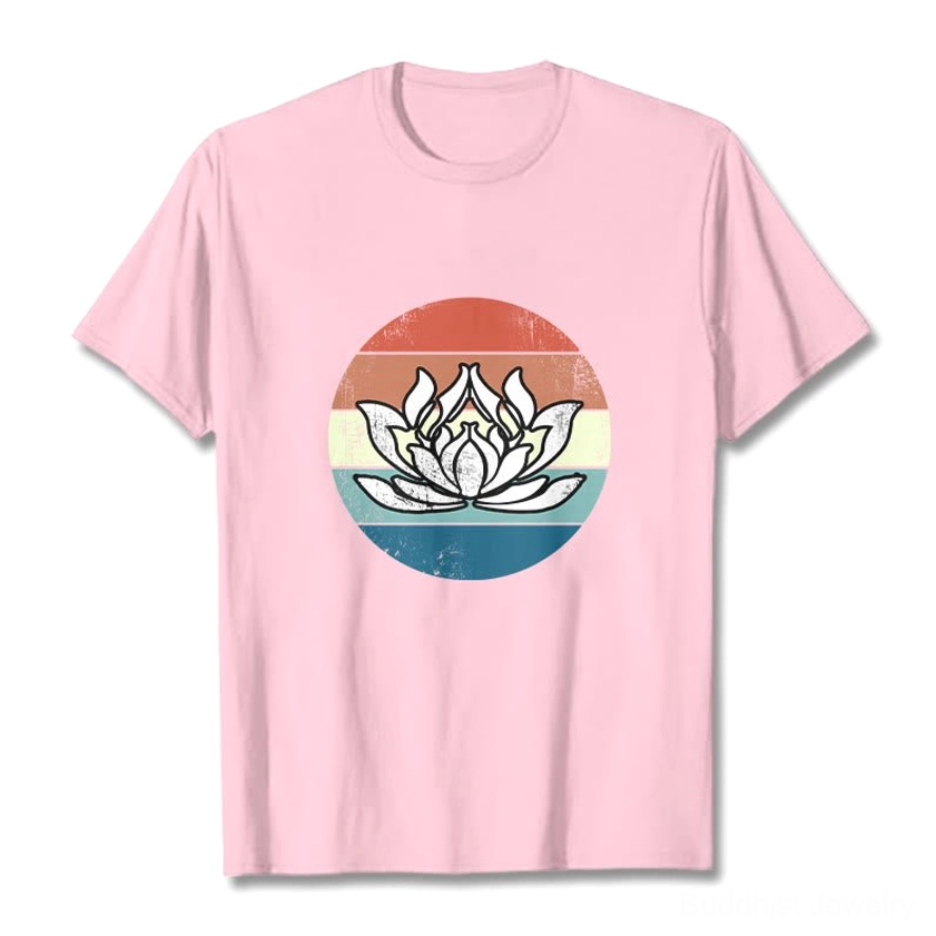 Light cyan Buddhist lotus t-shirt front flat display with vintage sunset graphic