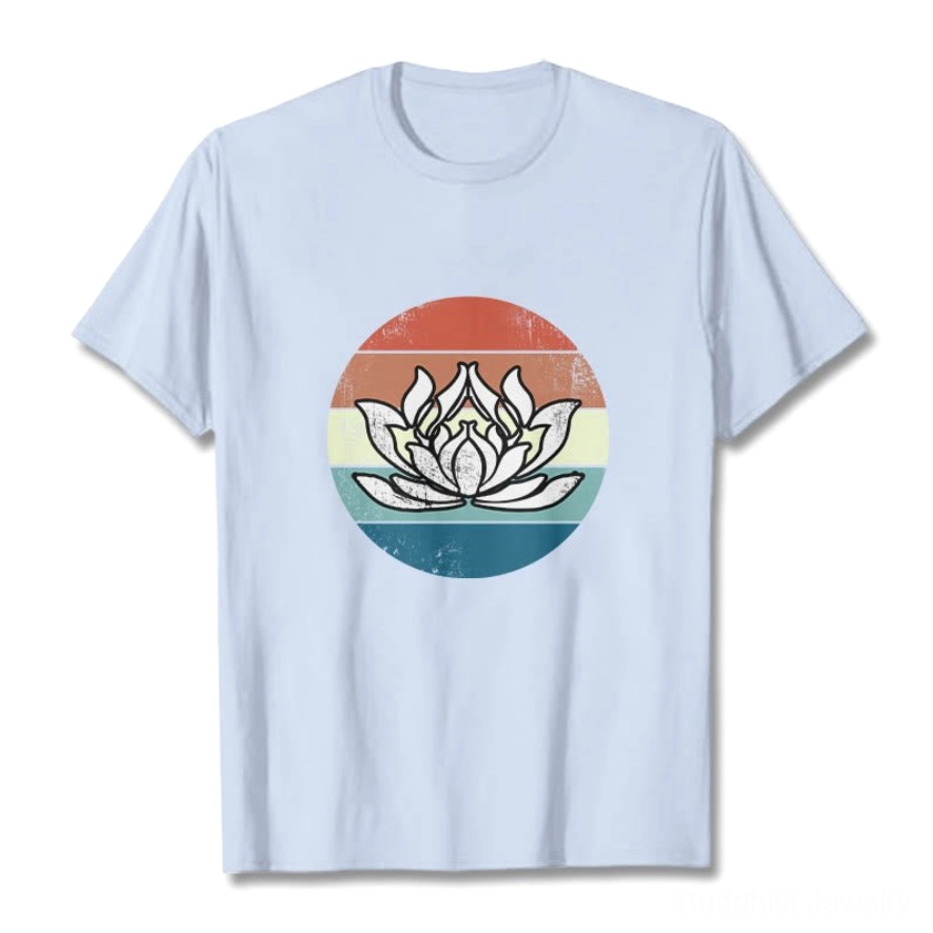 Light cyan sacred lotus spiritual t-shirt full front display with retro sunset striped design