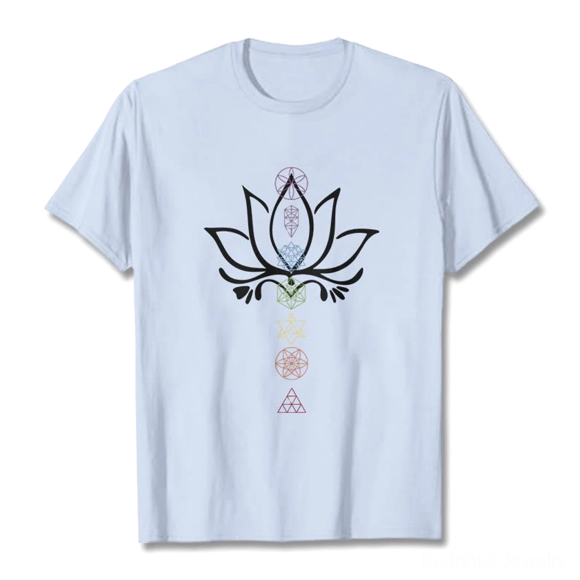 Light cyan lotus sacred geometry tee flat lay front mandala design white bg