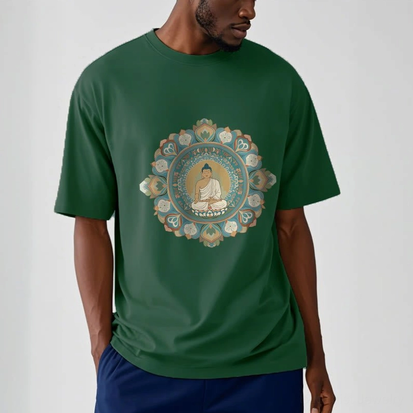 Light cyan buddha mandala casual t-shirt on male model showing crew neck short sleeves