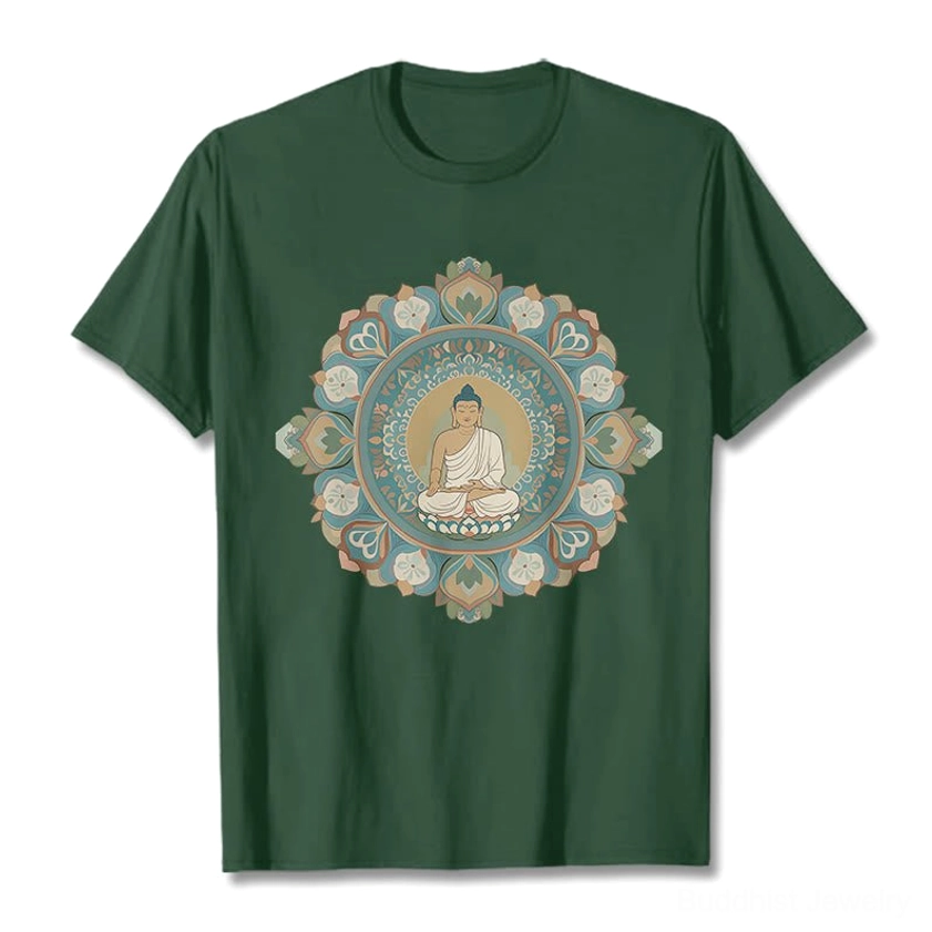 Light cyan mandala buddha tee flat lay front view showing vibrant spiritual design