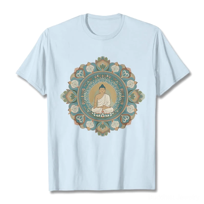 Light cyan mandala buddha t-shirt on male model showing relaxed everyday casual wear