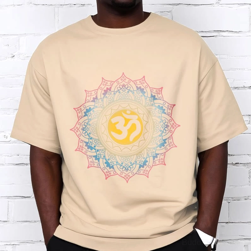Light cyan mandala OM Buddhist tee color variant, spiritual graphic t-shirt detail view