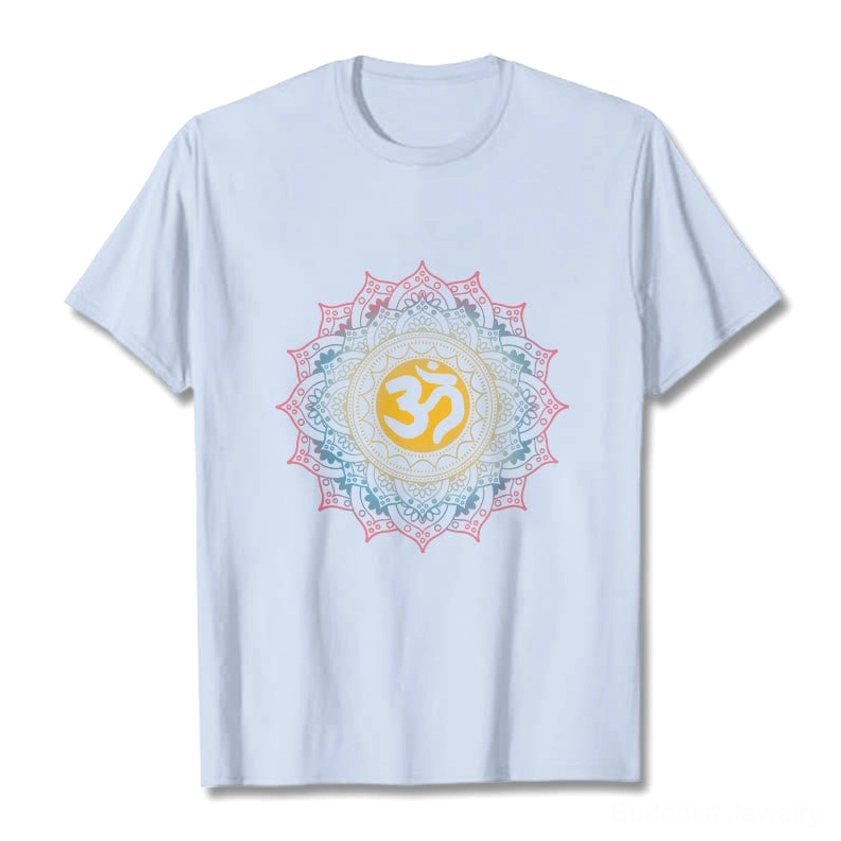 Light cyan mandala OM spiritual tee flat lay display, Buddhist graphic t-shirt color variant