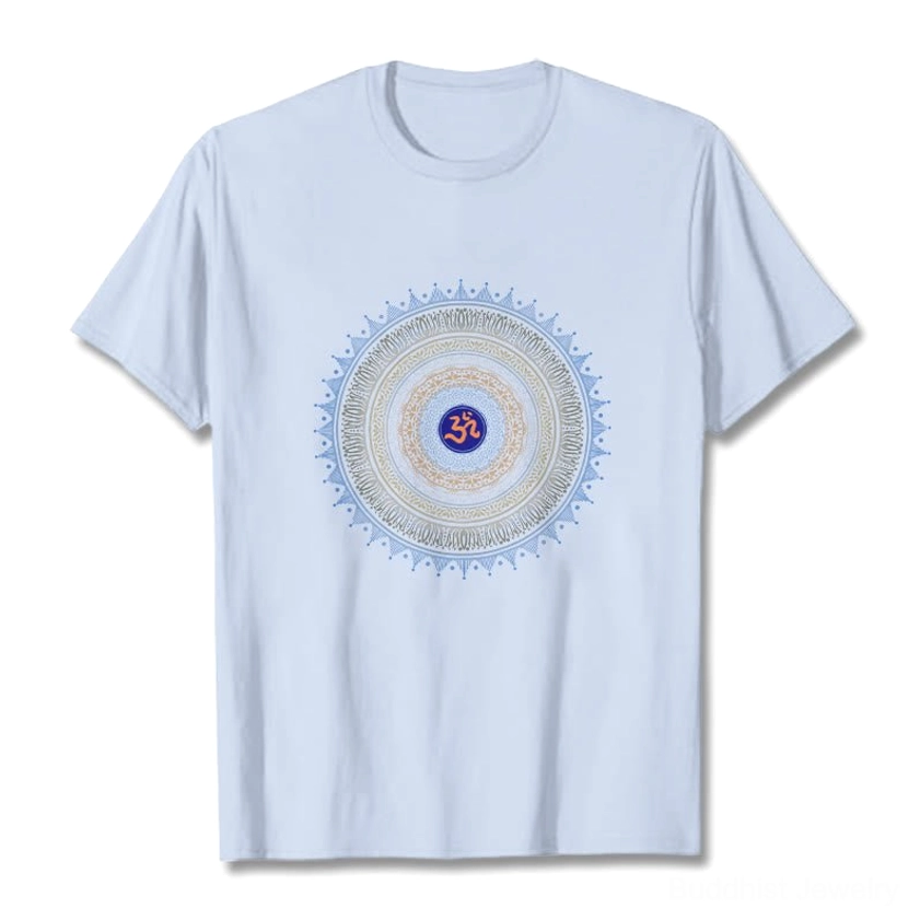 Light cyan mandala t-shirt flat lay showing sacred OM symbol graphic design, Buddhist cotton tee