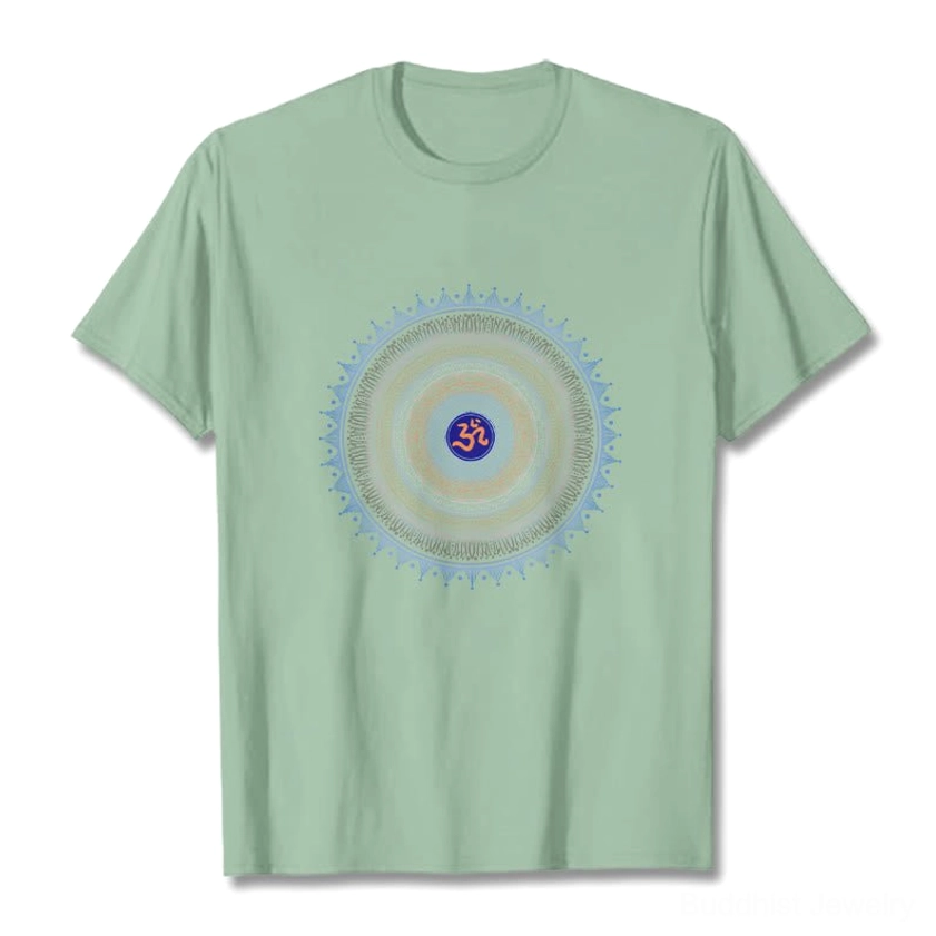 Light cyan Buddhist t-shirt featuring mandala OM symbol print, spiritual cotton graphic design