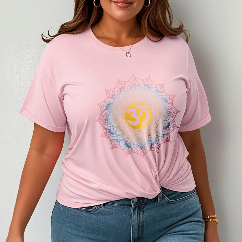 Light cyan mandala OM Buddhist graphic tee full view, spiritual meditation wear color option
