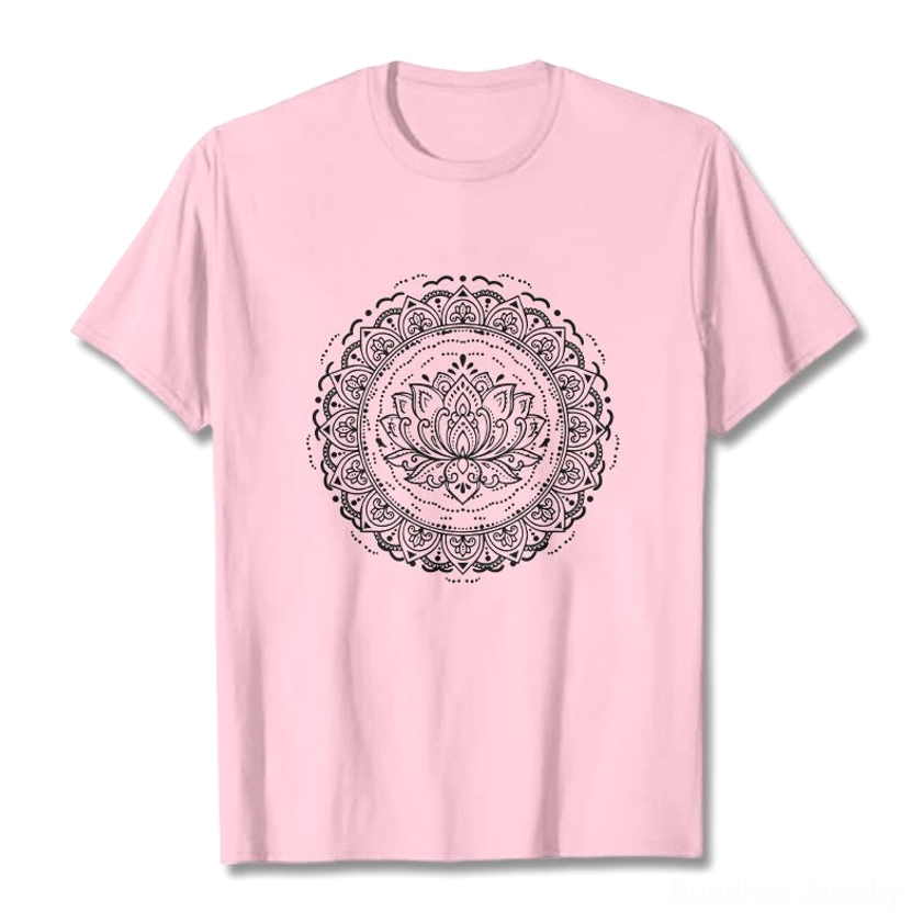 Light cyan mandala lotus t-shirt flat lay minimalist display white background