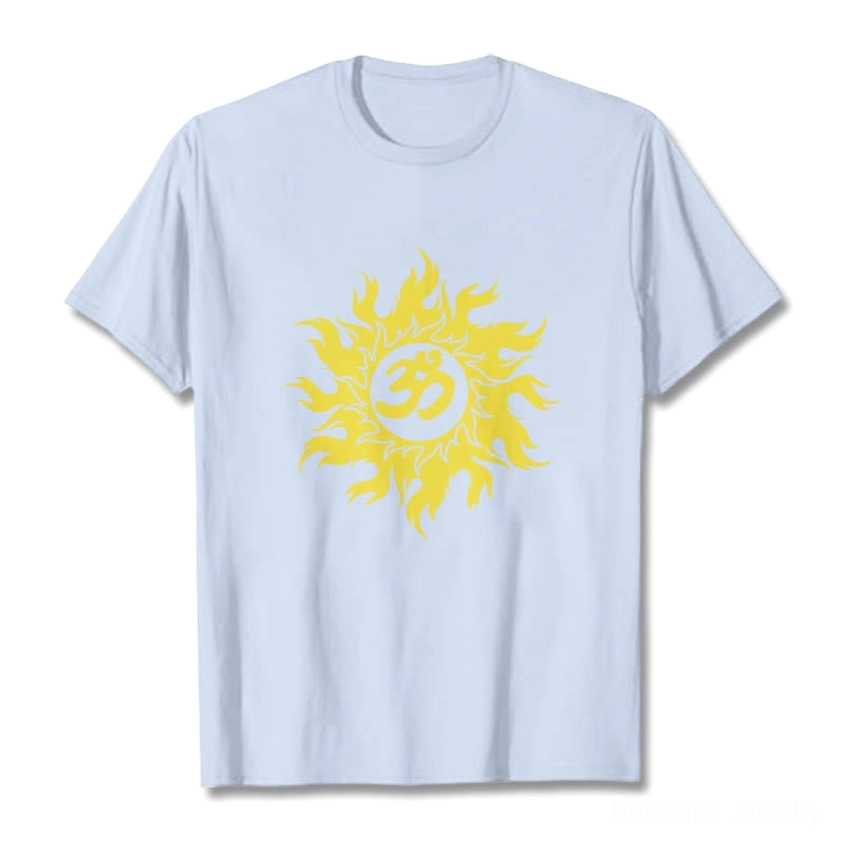 Light cyan blue Buddhist spiritual t-shirt flat lay with Om sun golden print, serene wellness aesthetic