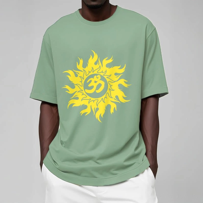 Light cyan Om sun Buddhist t-shirt front and back view, unisex crew neck spiritual graphic print