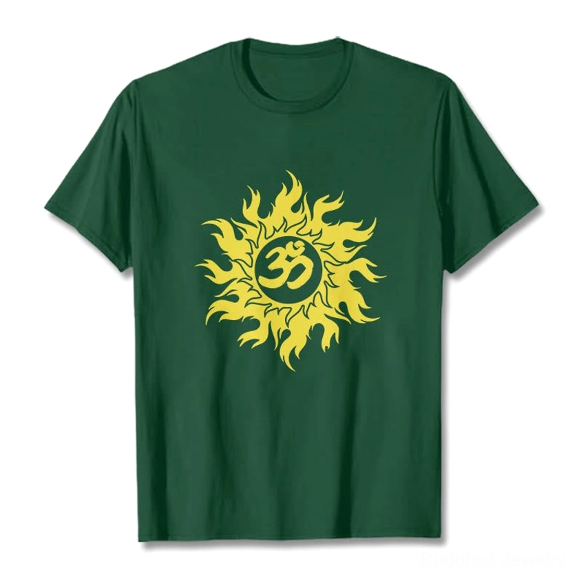 Light cyan blue Buddhist graphic t-shirt with Om sun design, serene calming color, crew neck unisex style