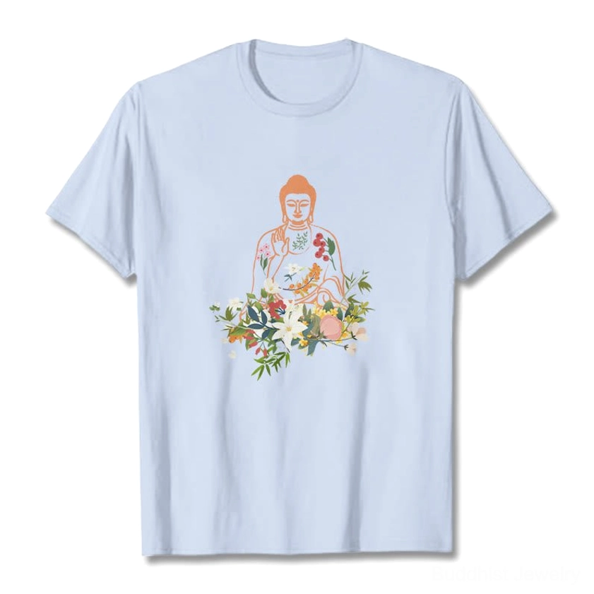 Light cyan Buddha flower graphic t-shirt flat front studio view - zen mindfulness wear