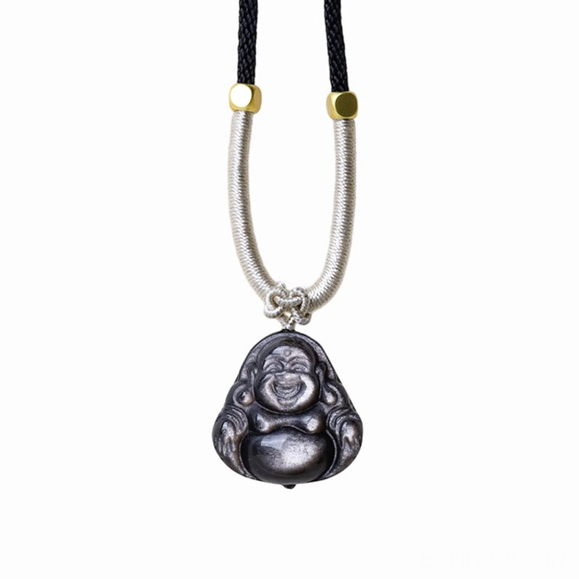 Light gray silver sheen obsidian Laughing Buddha pendant necklace, lighter shade Buddhist pendant with grey braided rope and decorative knot