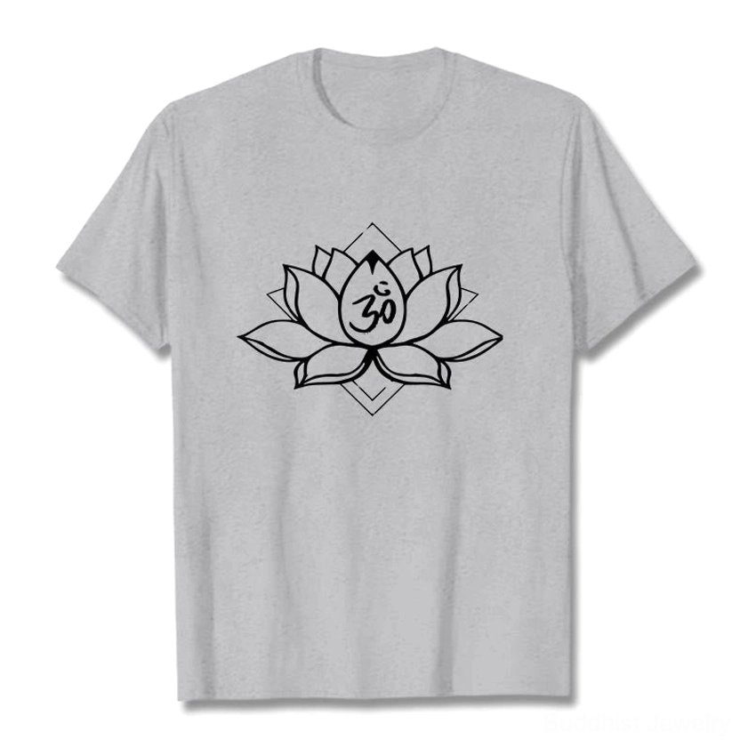 Light gray Sacred Lotus Om Buddhist cotton t-shirt multiple angle views showing unisex regular fit