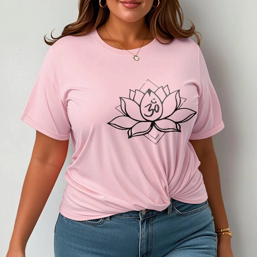 Model styling light gray Sacred Lotus Om Buddhist t-shirt casual comfortable everyday wear