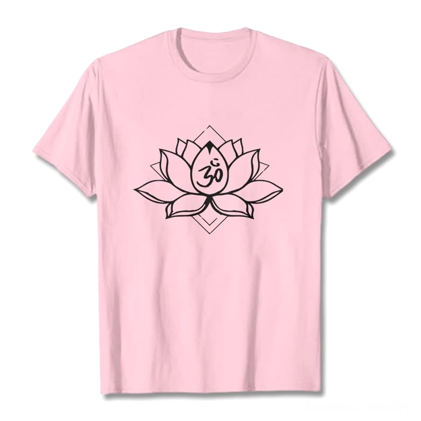 Light gray Sacred Lotus Om Buddhist cotton t-shirt front flat lay showing spiritual symbol print