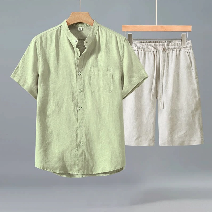 Men's light green linen shirt with beige shorts set - comfortable breathable meditation wear with mandarin collar design