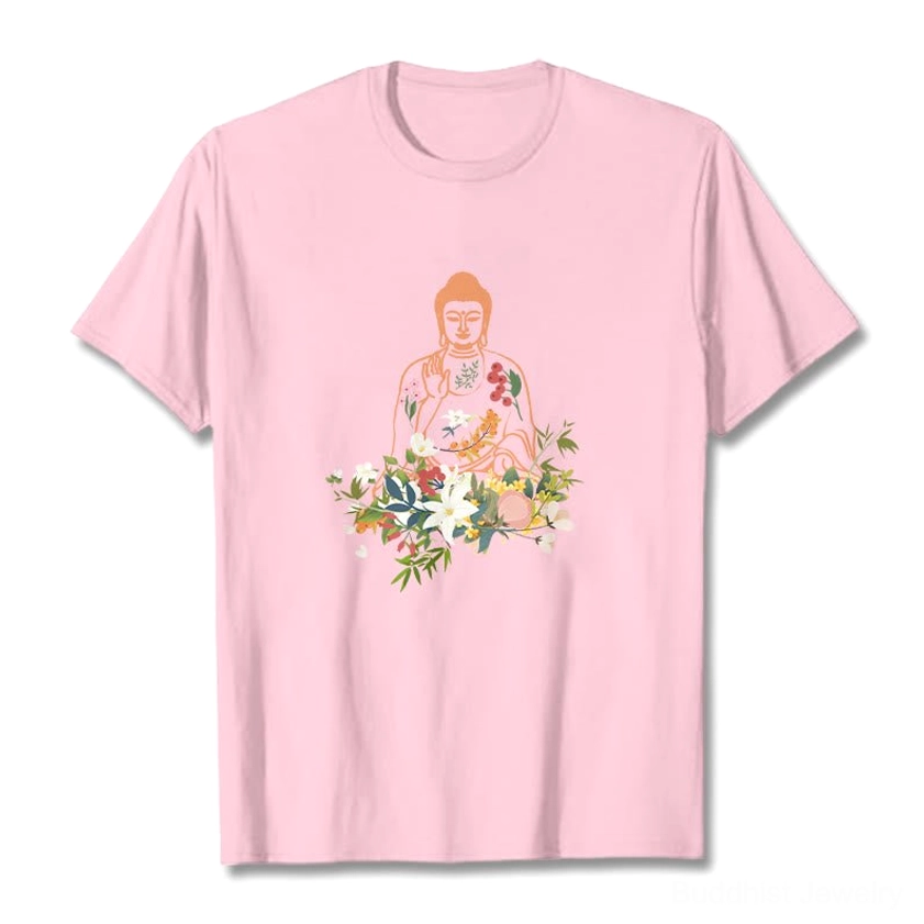 Light grey Buddha blooming flowers graphic t-shirt flat lay front - mindfulness casual tee
