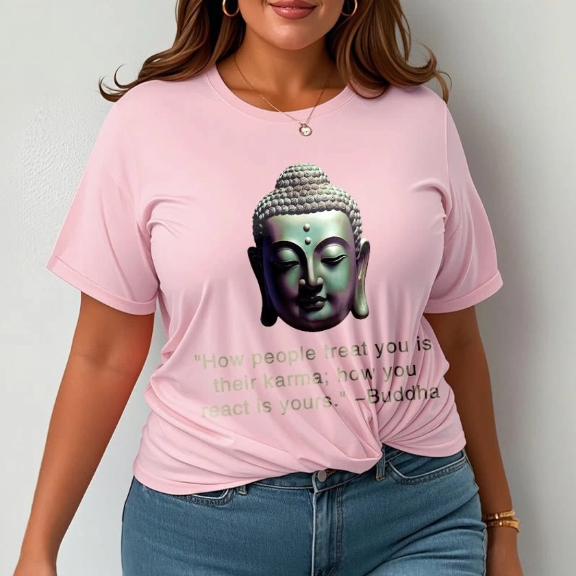 Light grey Buddha karma quote t-shirt flat lay with white ink graphic print unisex fit