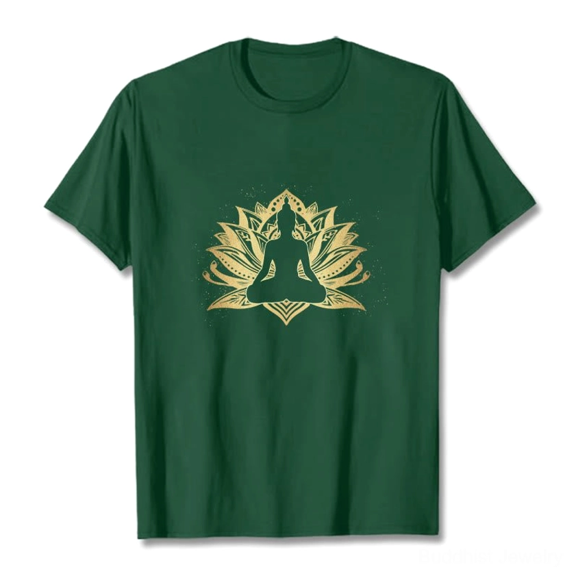 Light grey Buddha lotus meditation t-shirt with gold print, flat lay display on white background