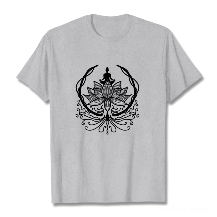 Light grey Buddha lotus meditation t-shirt with black ink design on premium unisex cotton