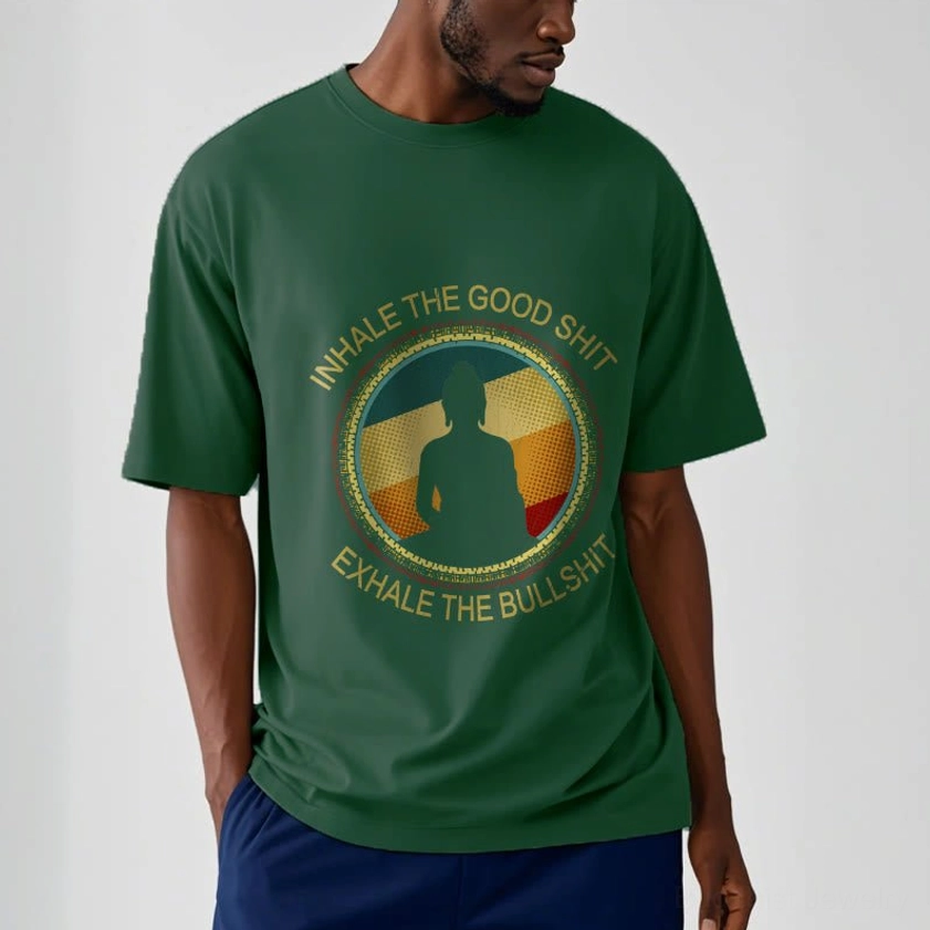 Light grey Buddhist meditation cotton t-shirt front view flat lay with conscious breathing print