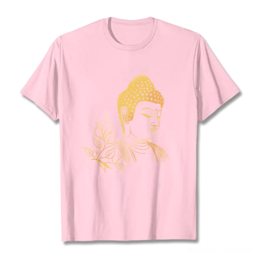 Light grey Buddhist graphic tee with gold Buddha design, crew neck short sleeve