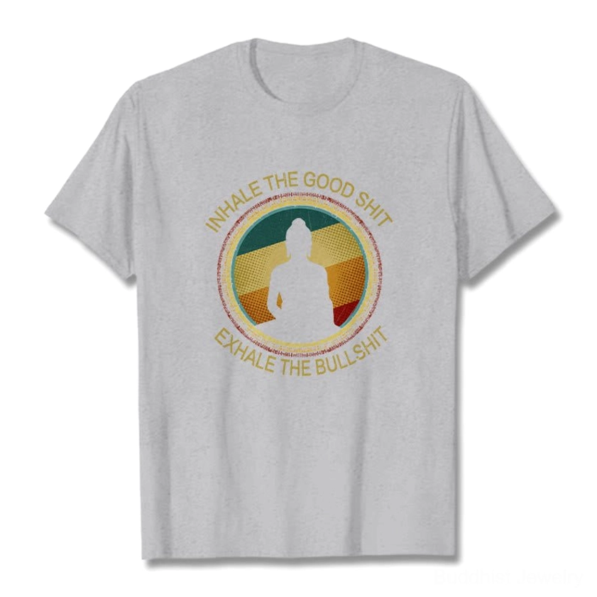 Light grey Buddhist meditation t-shirt comprehensive front and lifestyle view showing print clarity