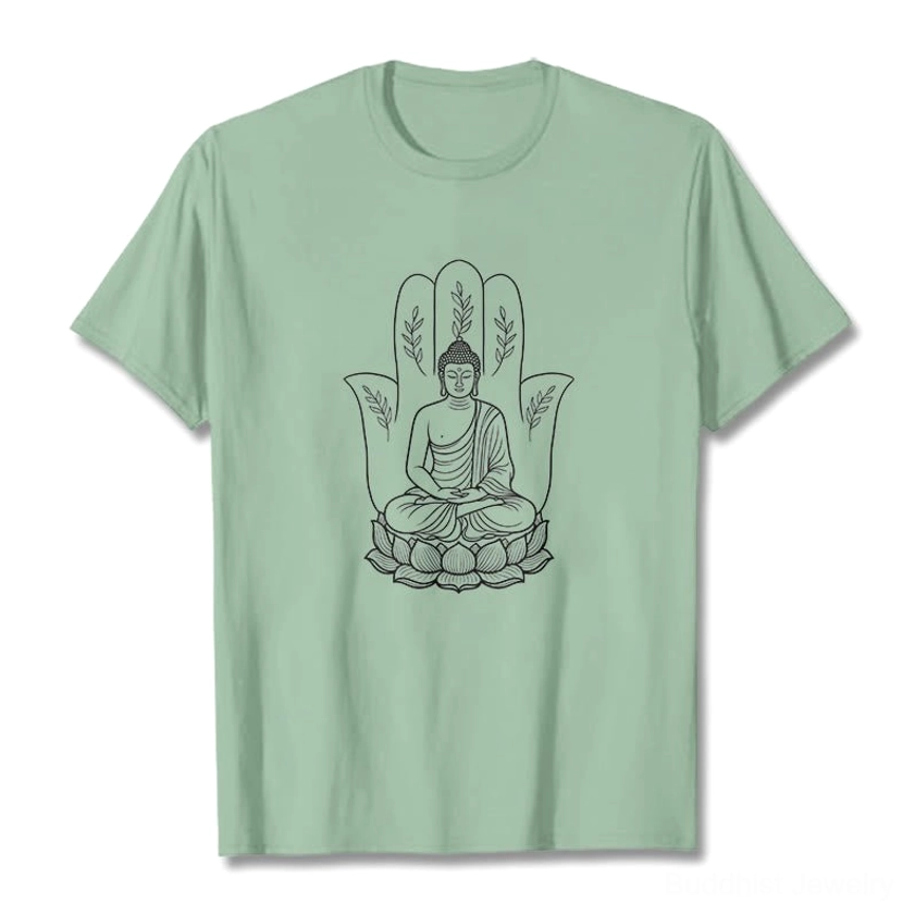 Woman styling light grey Buddha lotus spiritual t-shirt casual daily wear