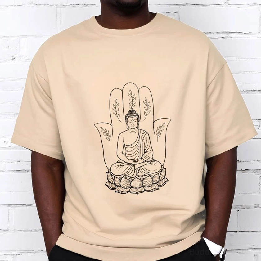 Light grey meditating Buddha lotus spiritual cotton t-shirt flat lay front