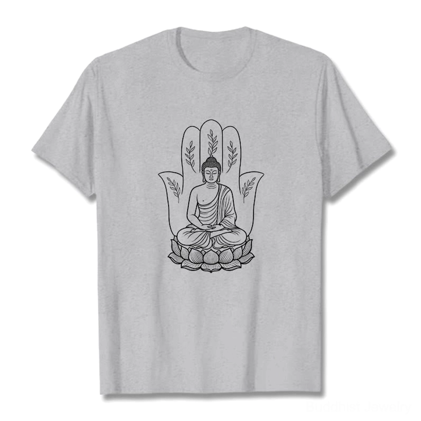 Light grey Buddha lotus spiritual cotton t-shirt male model casual styling