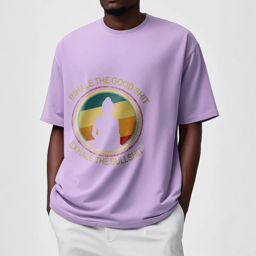 Male model in light grey Buddhist meditation t-shirt demonstrating comfort and everyday wearability