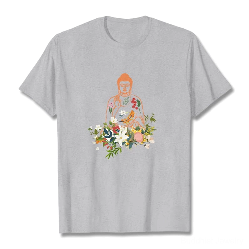 Light grey Buddha blooming flowers t-shirt flat front - comfortable spiritual graphic tee