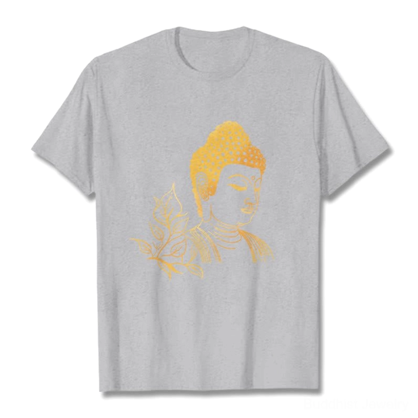 Light grey Buddhist graphic tee with gold leaf and Buddha motif, unisex relaxed fit