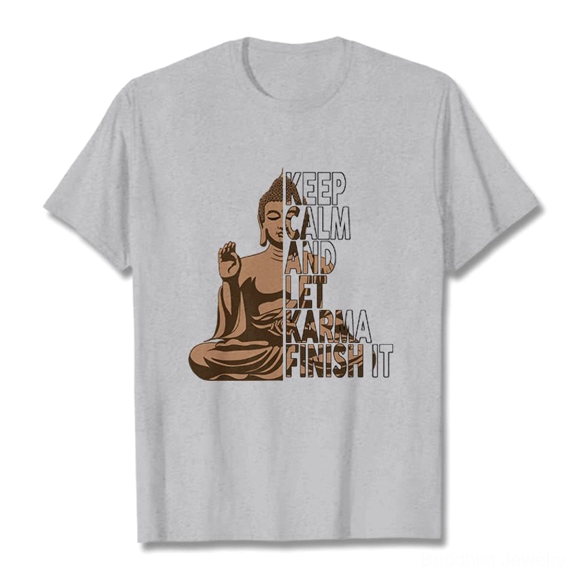 Light grey Buddhist karma graphic tee front display with spiritual print design