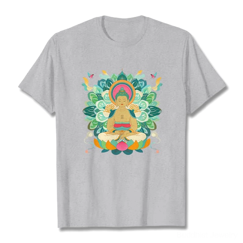 Light grey Buddhist butterfly lotus graphic t-shirt front flat lay unisex fit all sizes