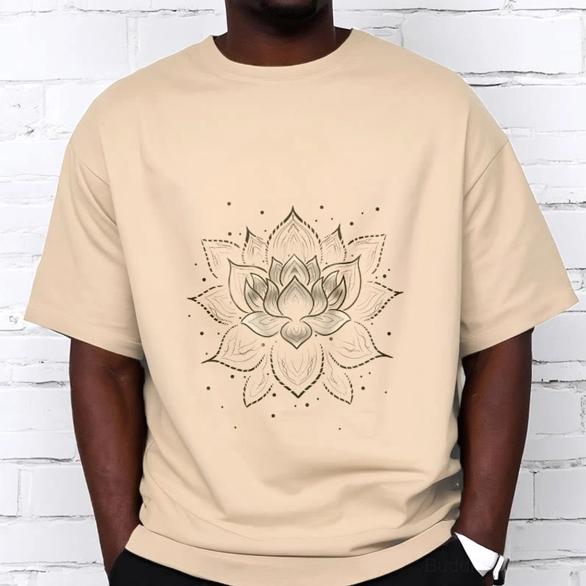 Light grey golden lotus Buddhist t-shirt detail shot, white ink mandala print on crew neck
