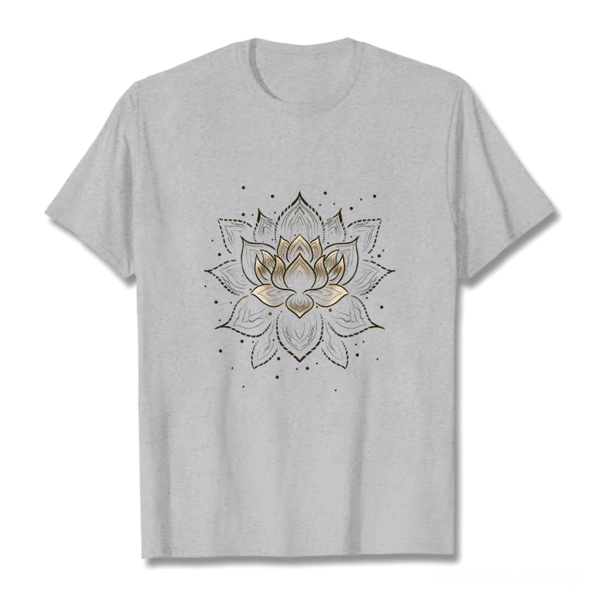 Light grey golden lotus Buddhist t-shirt front view, crew neck unisex fit with mandala print