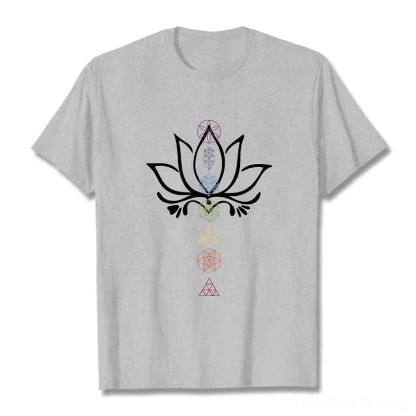 Light grey sacred lotus geometry Buddhist t-shirt flat lay front view design