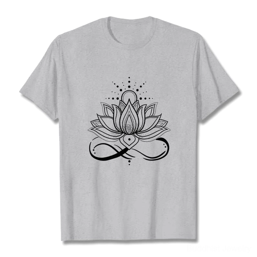 Light grey lotus flower sun design Buddhist t-shirt showing neutral color versatility and print contrast