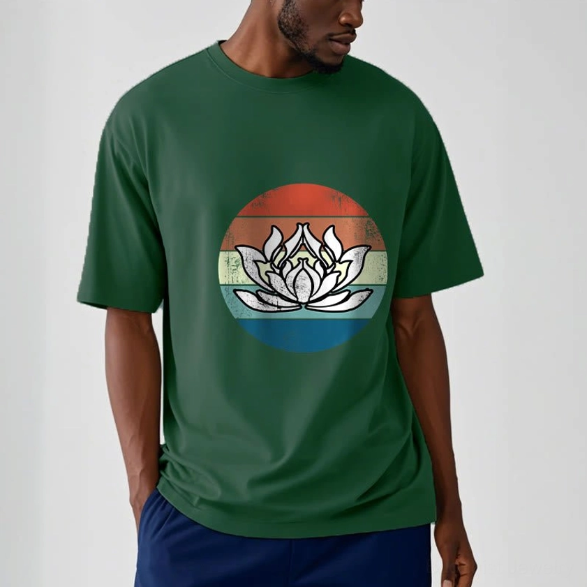 Light grey sacred lotus tee detail shot showing retro striped print quality