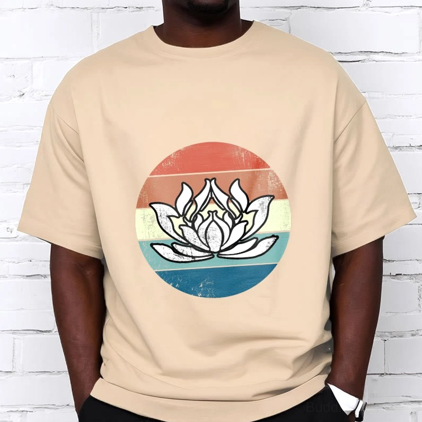 Light grey sacred lotus Buddhist t-shirt front view with vintage sunset striped pattern