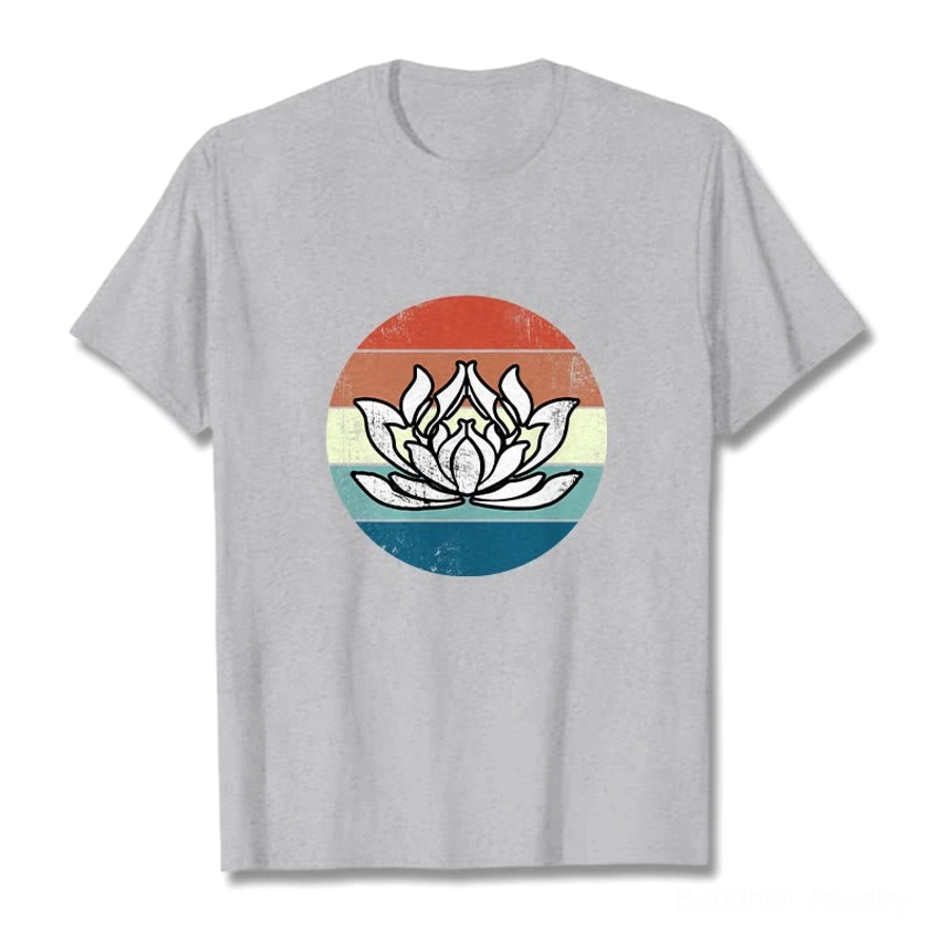 Light grey sacred lotus vintage Buddhist t-shirt full front view retro striped pattern