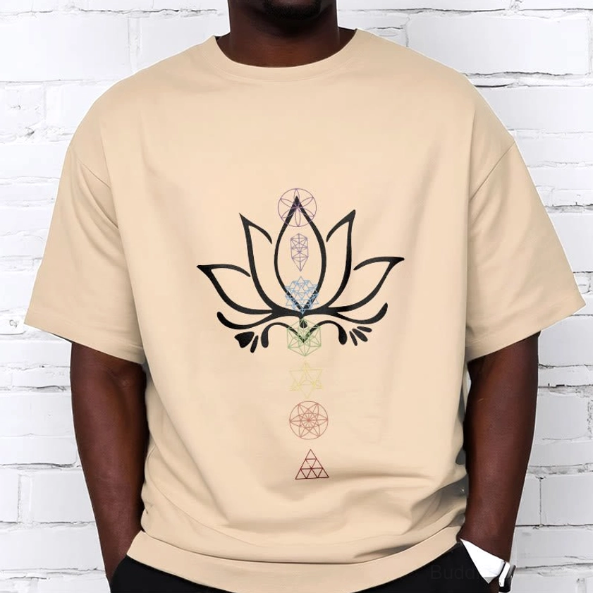 Light grey lotus spiritual awakening t-shirt detail close-up sacred geometry print
