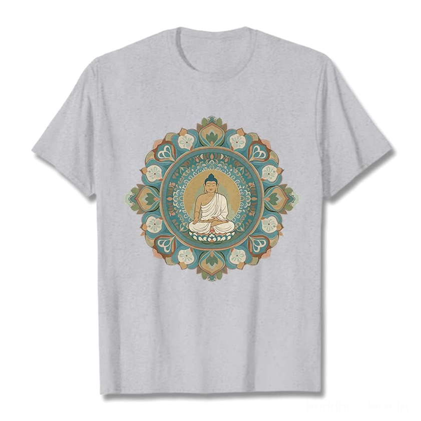 Light grey mandala buddha tee flat lay front display with sacred geometric print design