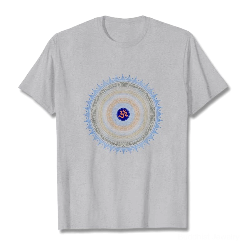 Light grey Buddhist mandala t-shirt with OM symbol print, unisex spiritual graphic cotton apparel