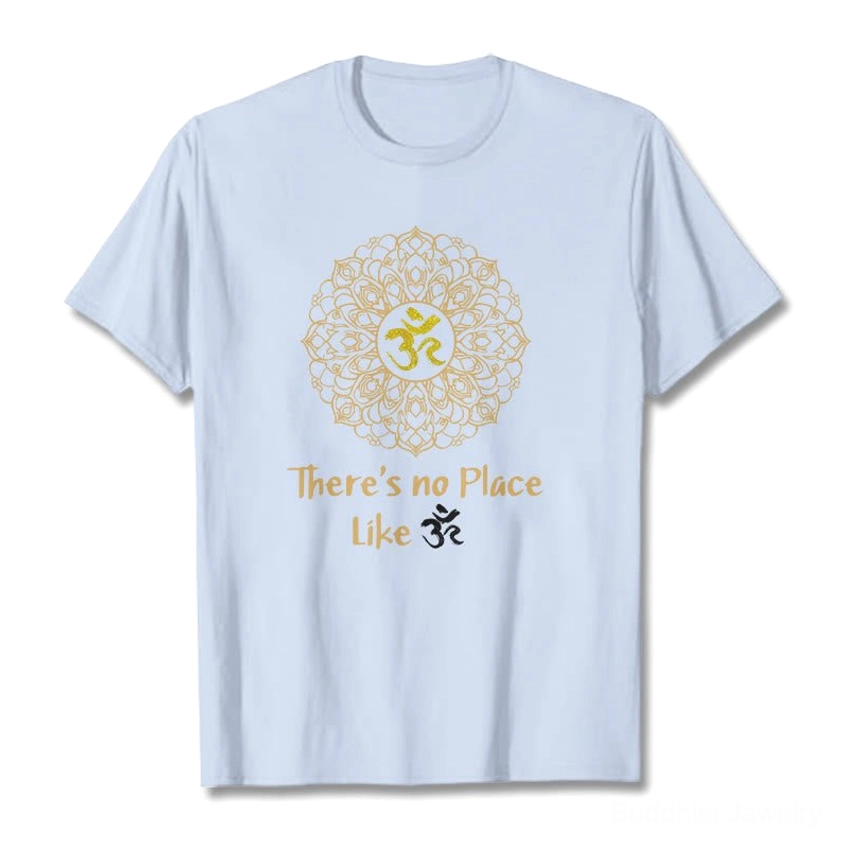 Light grey Buddhist mandala Om graphic t-shirt with gold sacred design, flat lay front view studio shot
