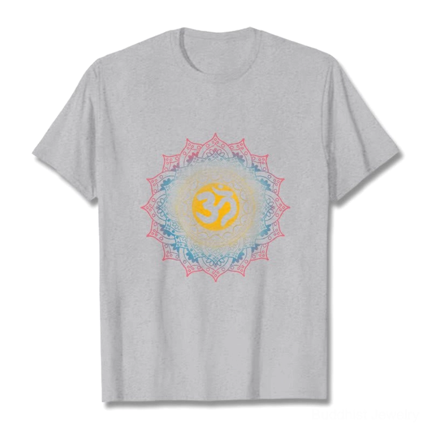 Light grey mandala OM Buddhist spiritual graphic tee, sacred geometry meditation wear