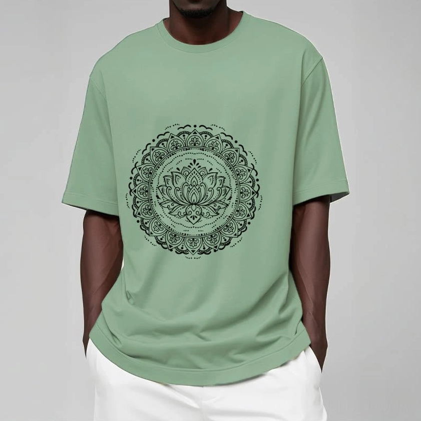 Light grey mandala lotus t-shirt flat lay pure white background display