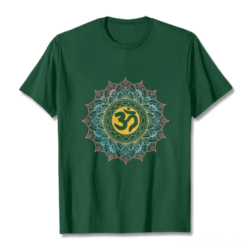 Light grey mandala OM Buddhist graphic tee front display, sacred spiral design spiritual wear
